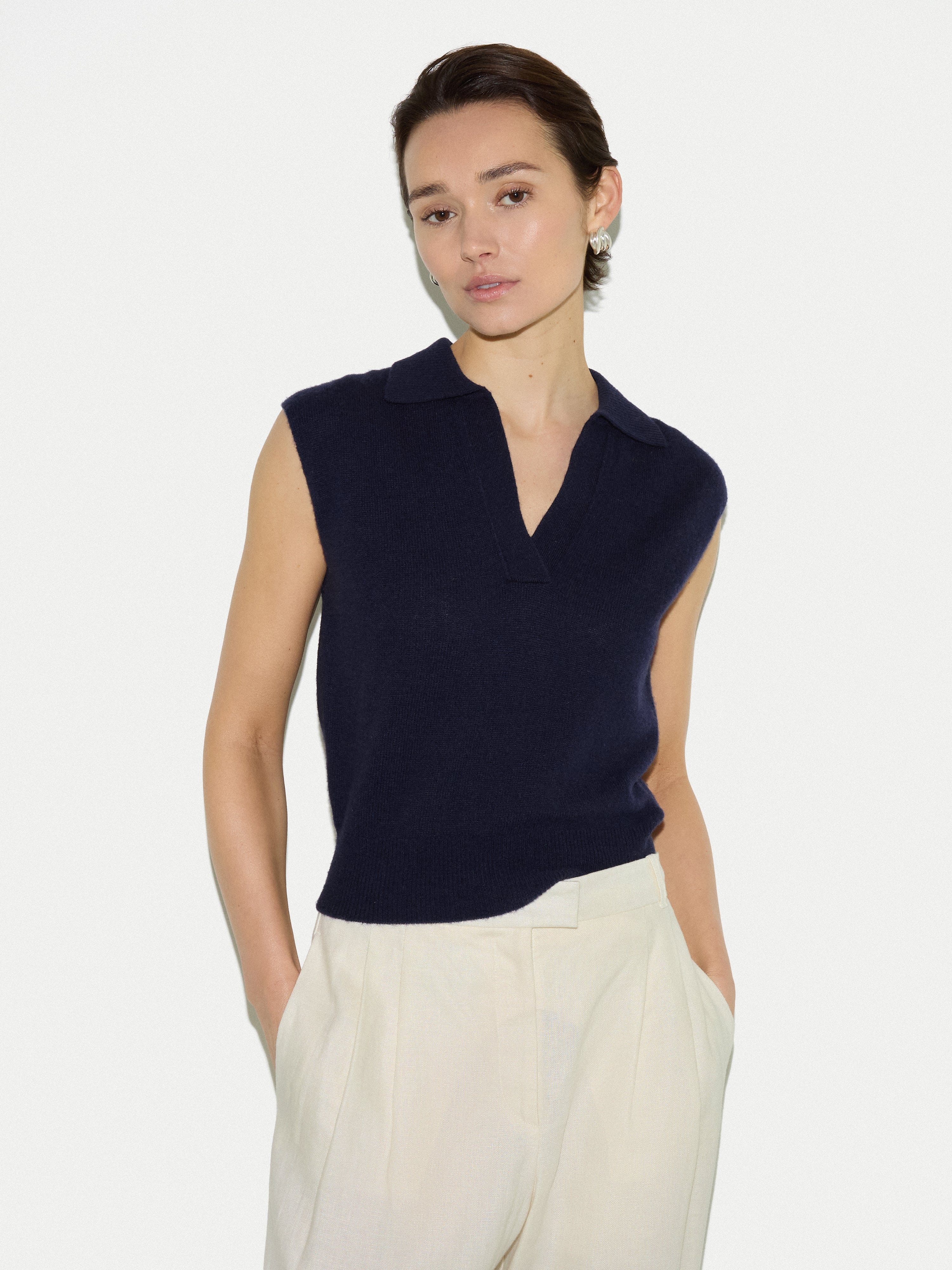 Wool Cashmere Blend Collar Top | Navy
