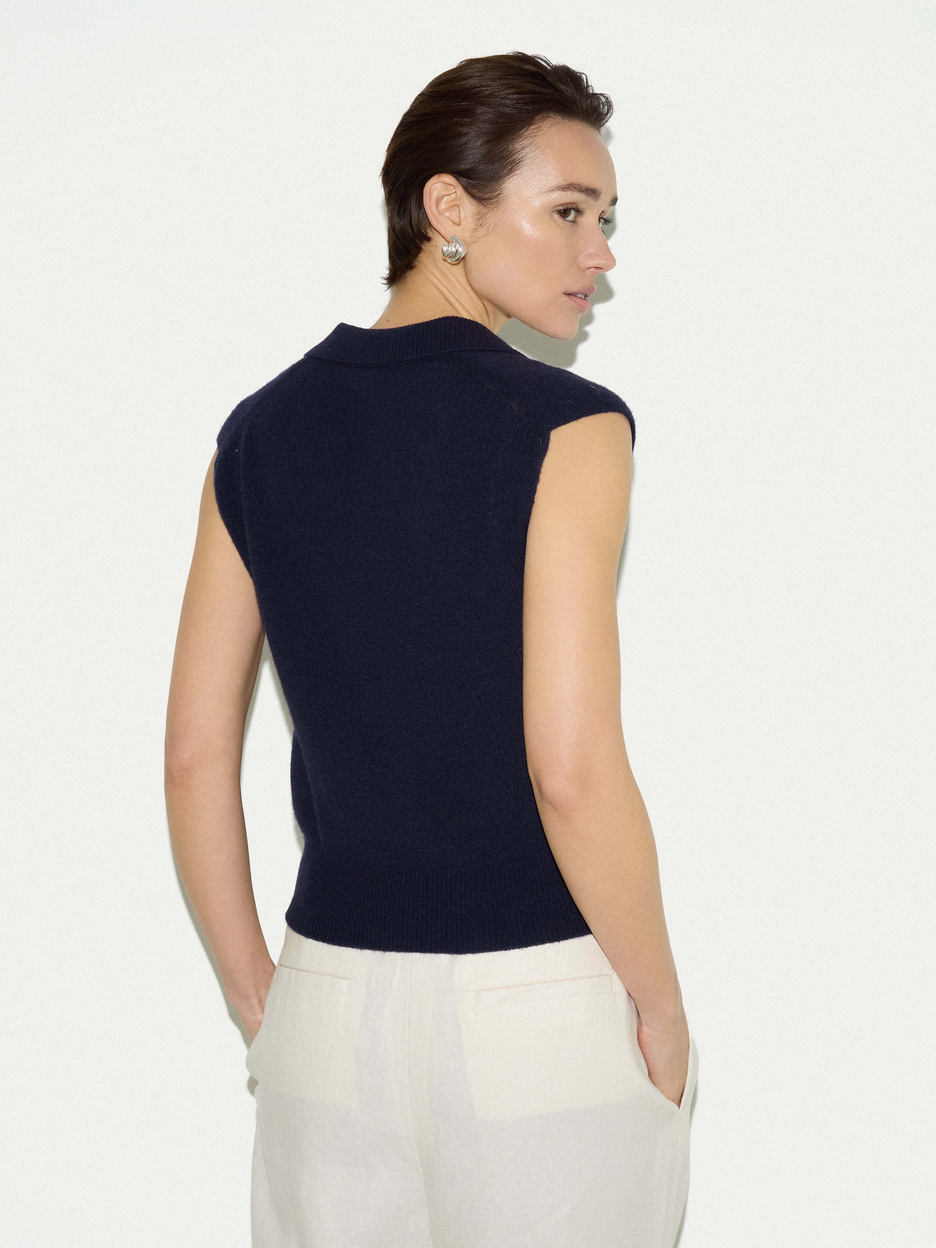 Wool Cashmere Blend Collar Top | Navy - Image 3