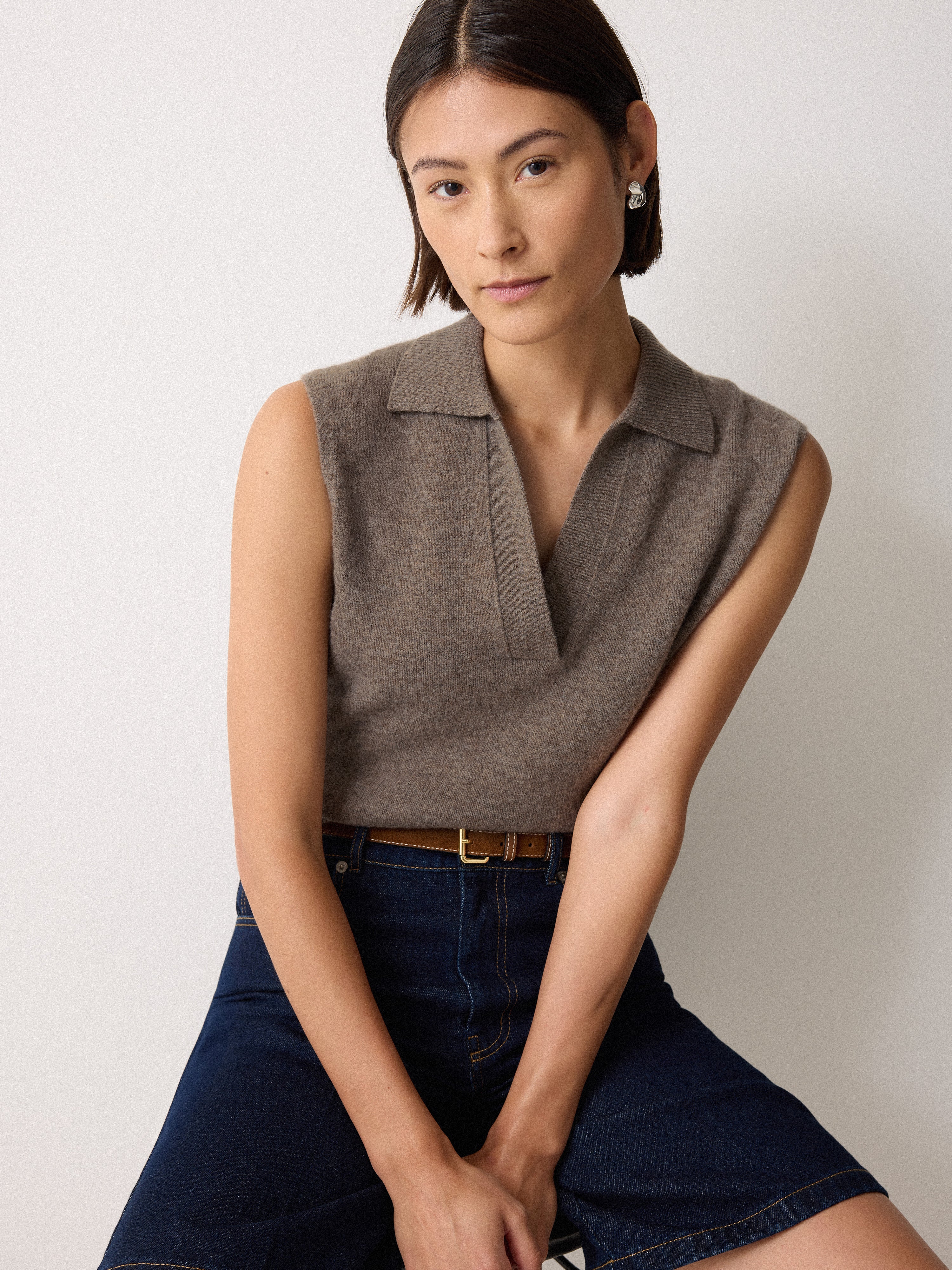 Wool Cashmere Blend Collar Top | Taupe - Image 4