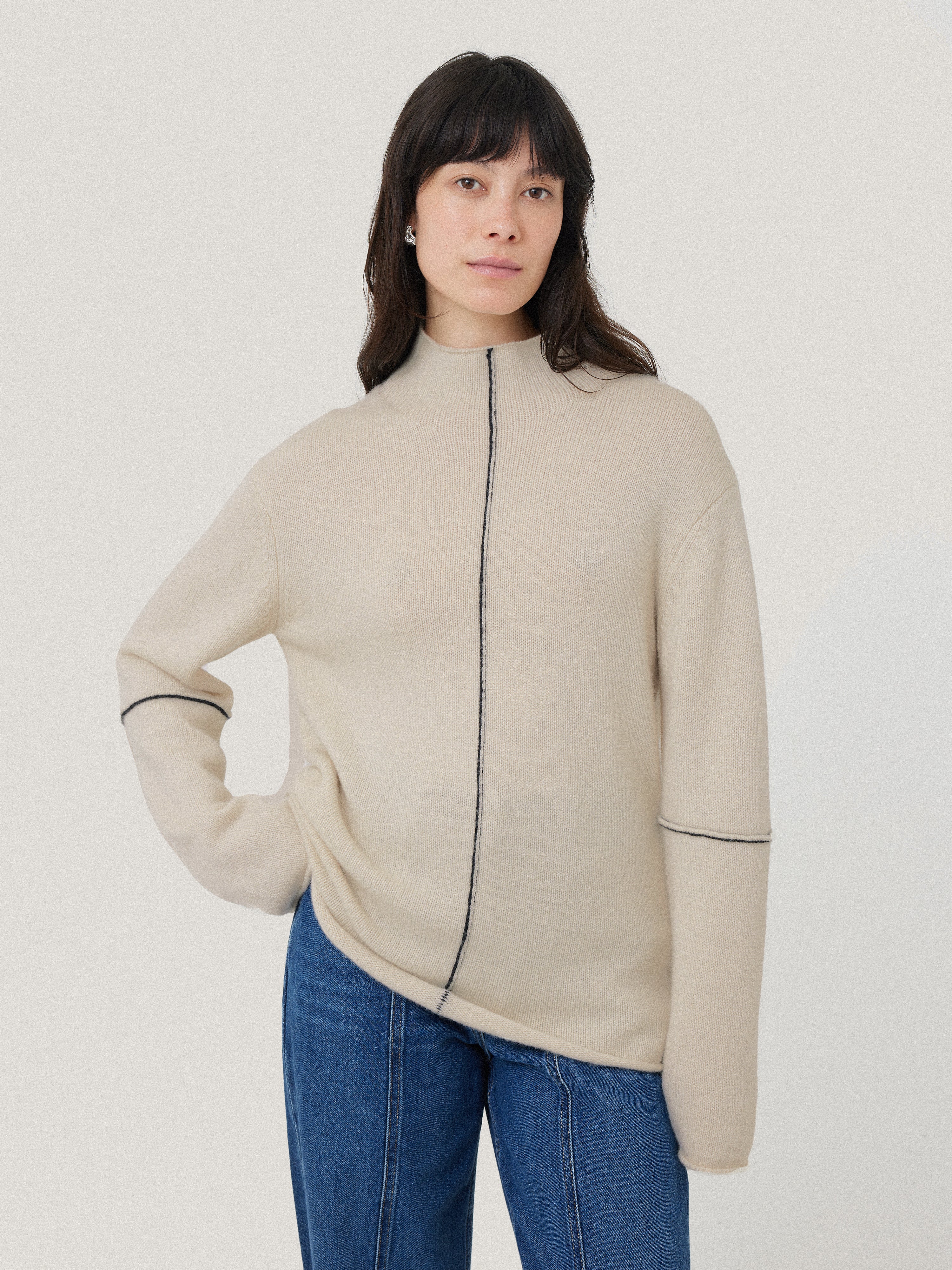Wool Cashmere Blend Line Jumper | Cream - Image 2