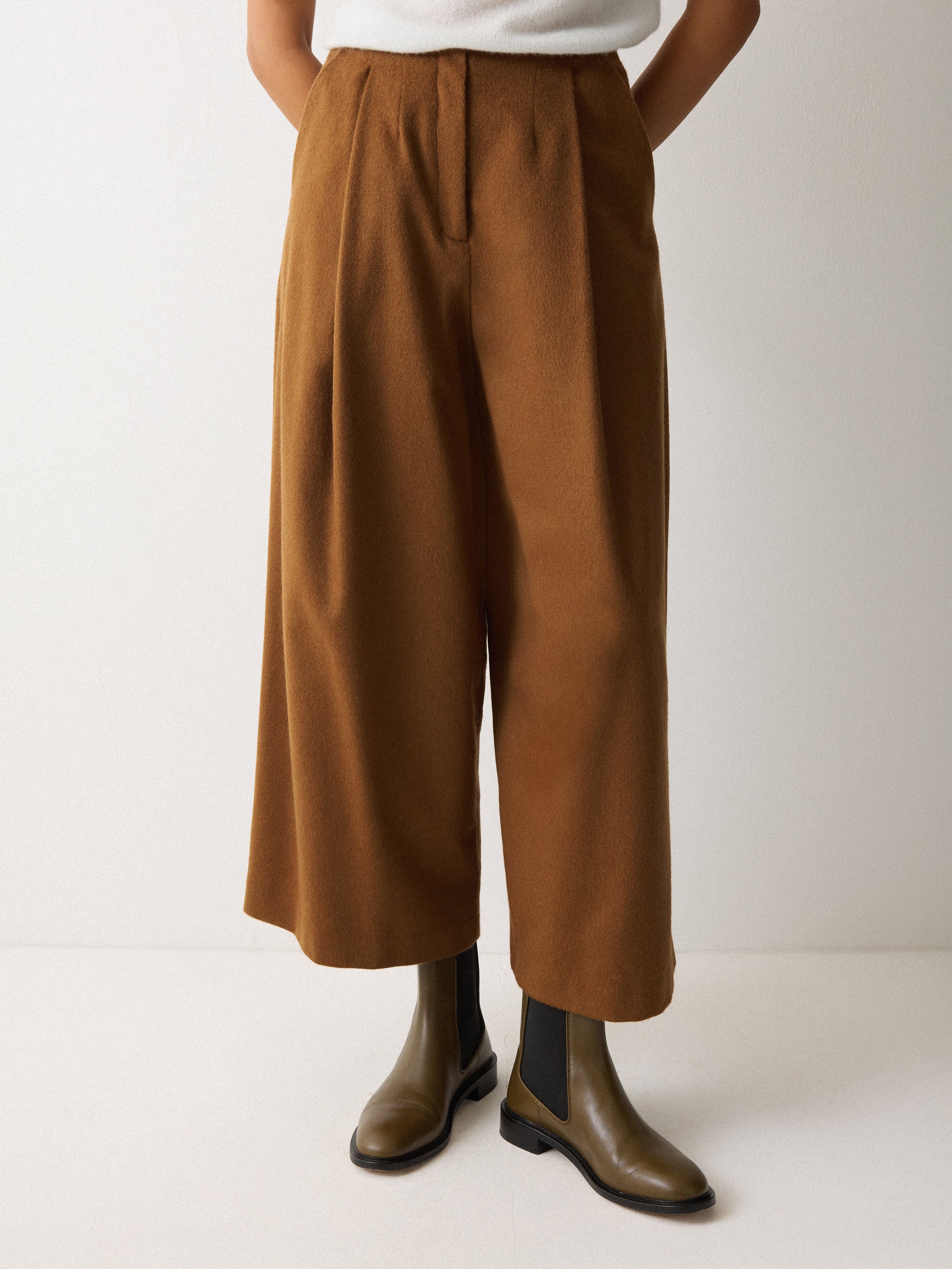 Wool High Waist Pleat Trouser | Brown - Image 2