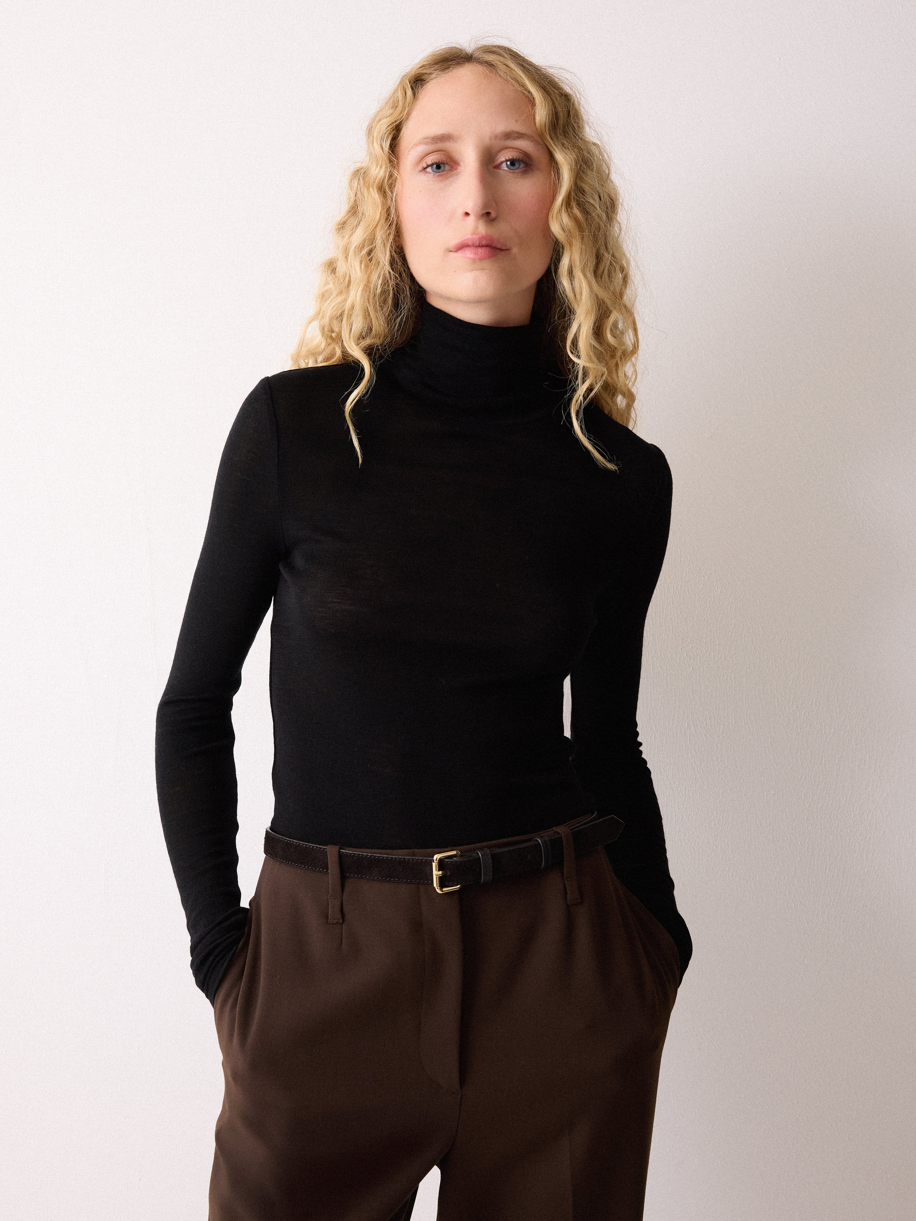 Wool Jersey Polo Neck Top | Black - Image 4