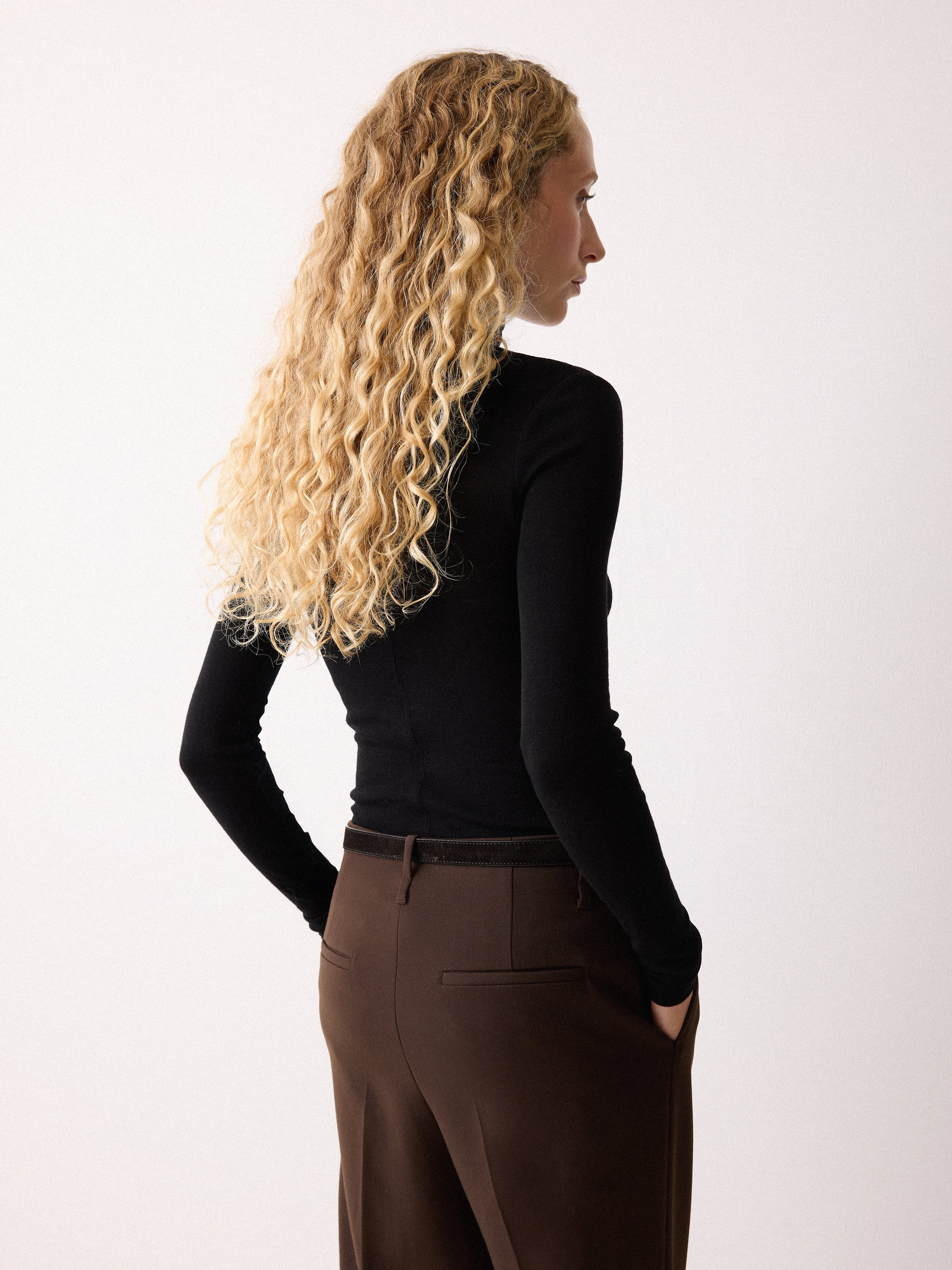 Wool Jersey Polo Neck Top | Black - Image 5