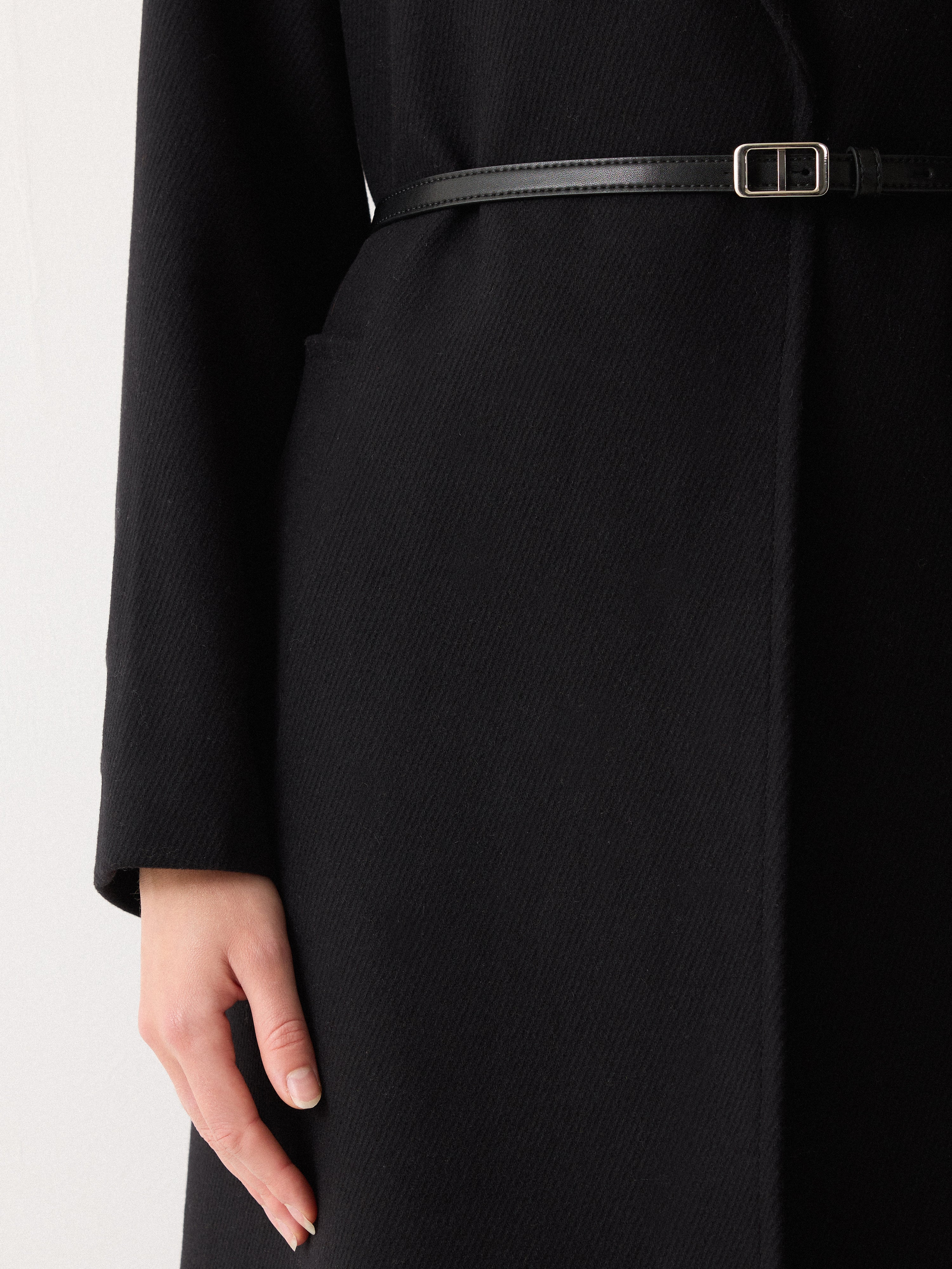 Wool Twill Belted Raglan Coat | Black - Image 3
