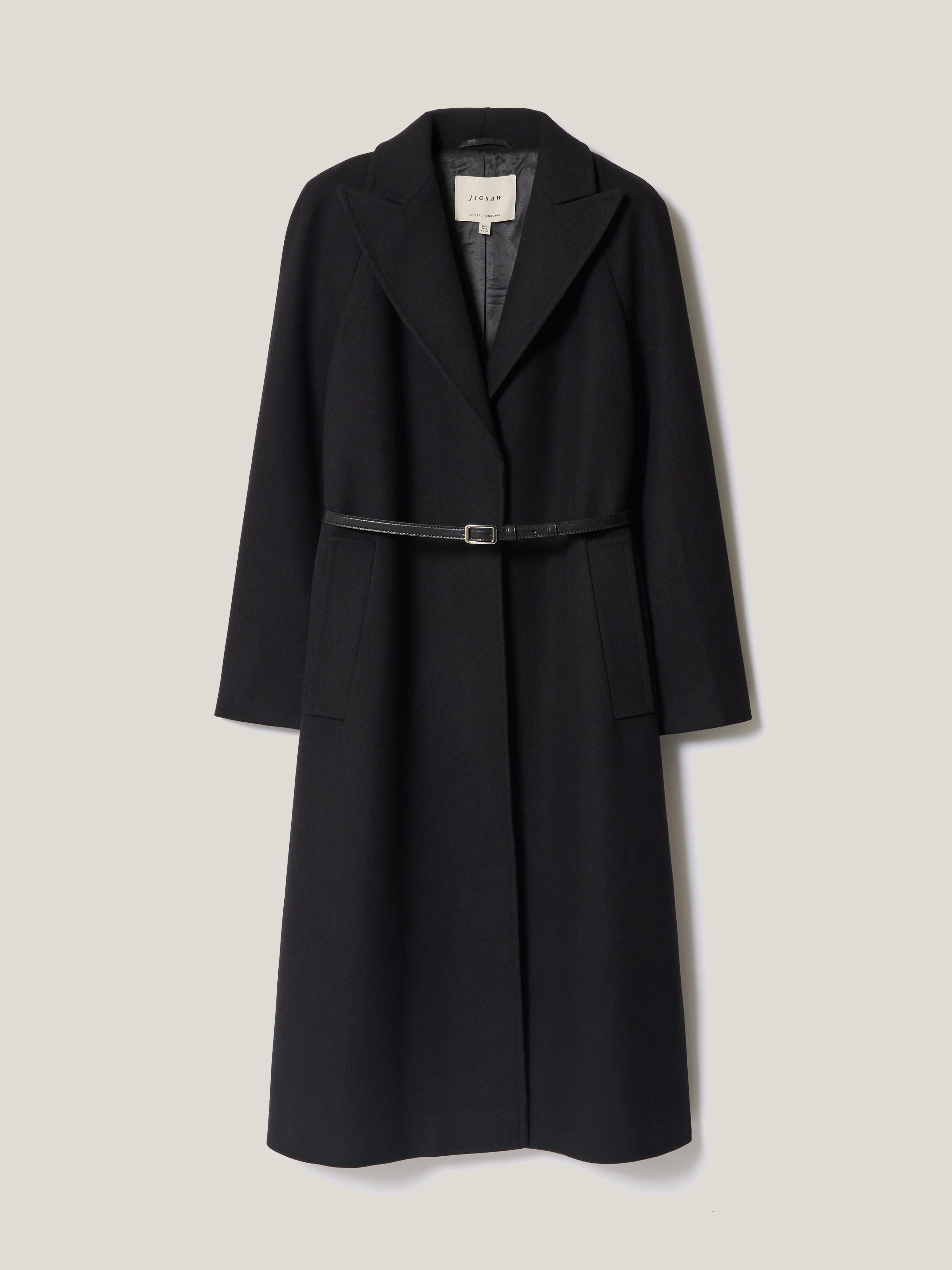Wool Twill Belted Raglan Coat | Black - Image 5