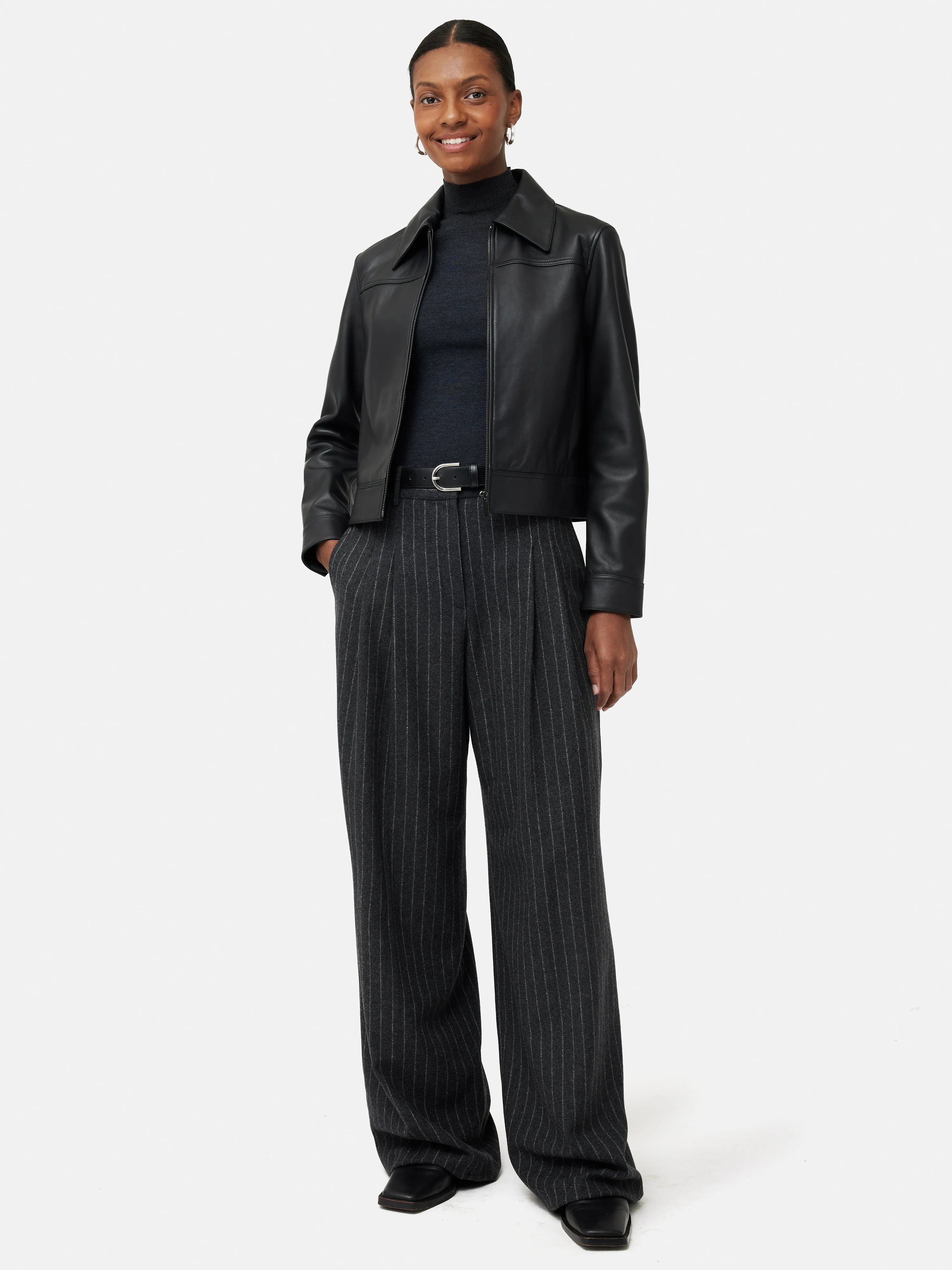 Zip Front Leather Biker Jacket | Black - Image 3