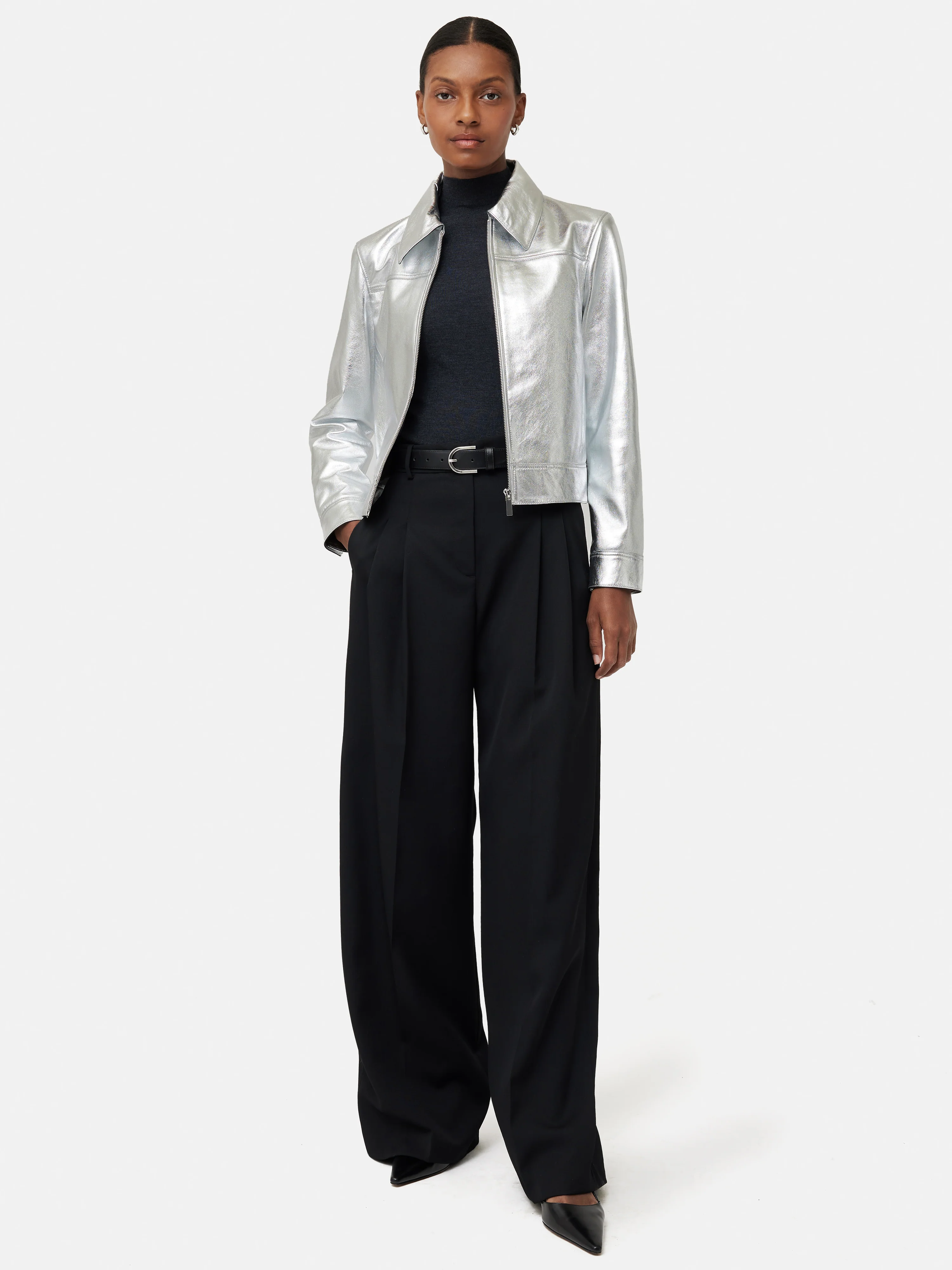 Zip Front Leather Biker Jacket | Silver - Image 3