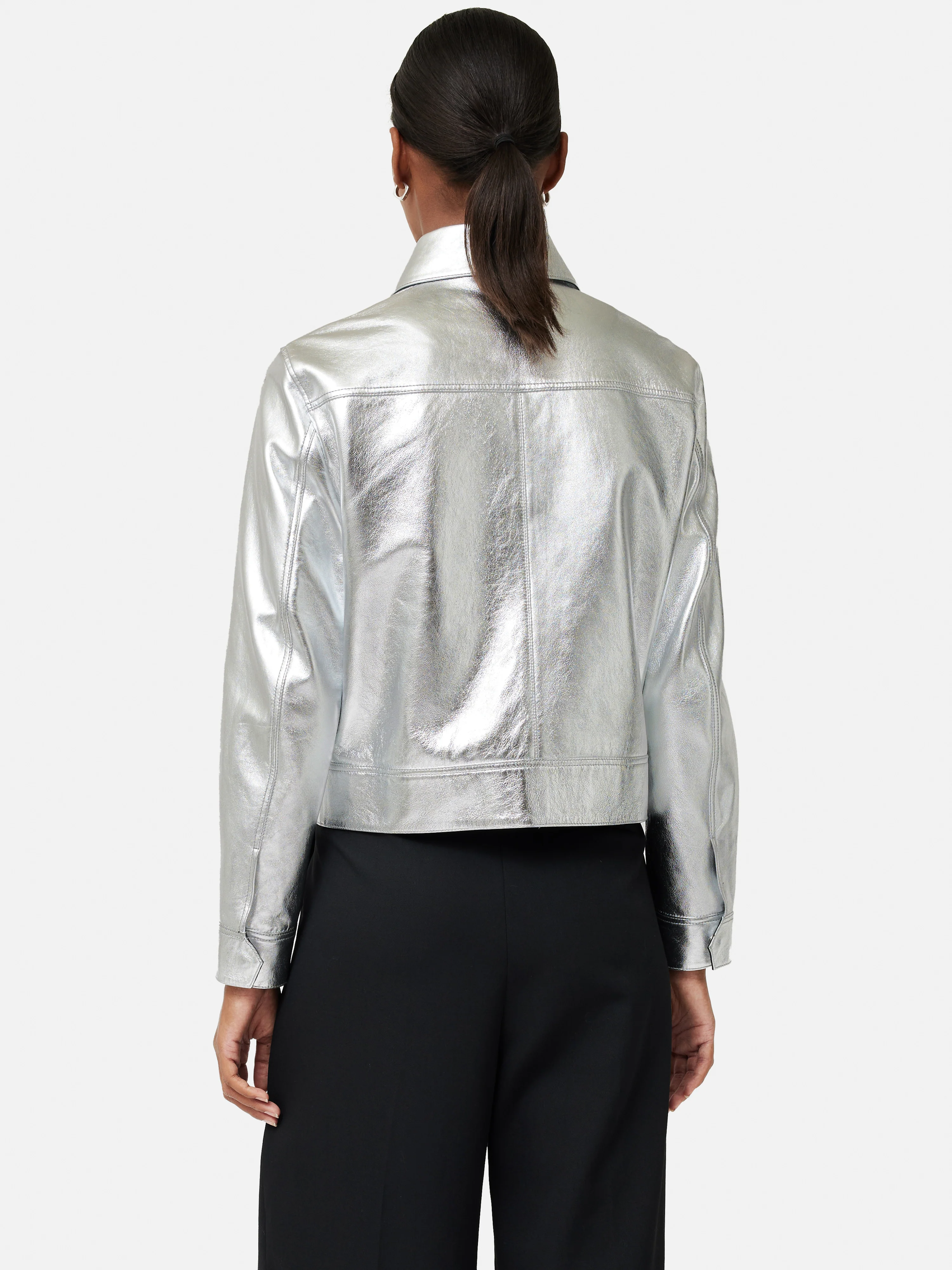 Zip Front Leather Biker Jacket | Silver - Image 5