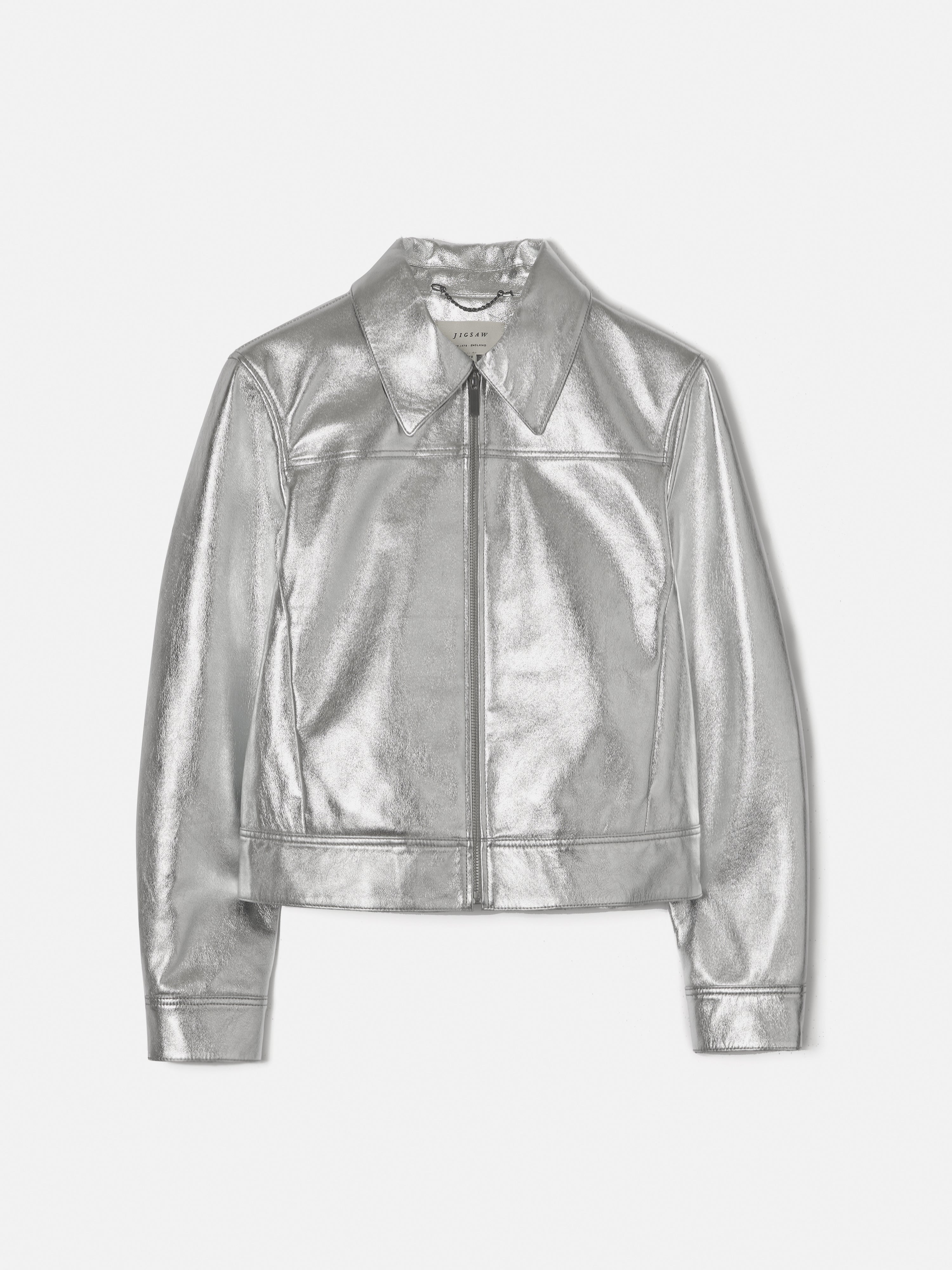 Zip Front Leather Biker Jacket | Silver - Image 9